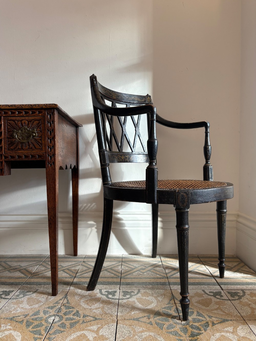 Ebonised and Gilt Painted Regency Open Arm Elbow Chair, Cane Seat C1820, manner John Gee View II