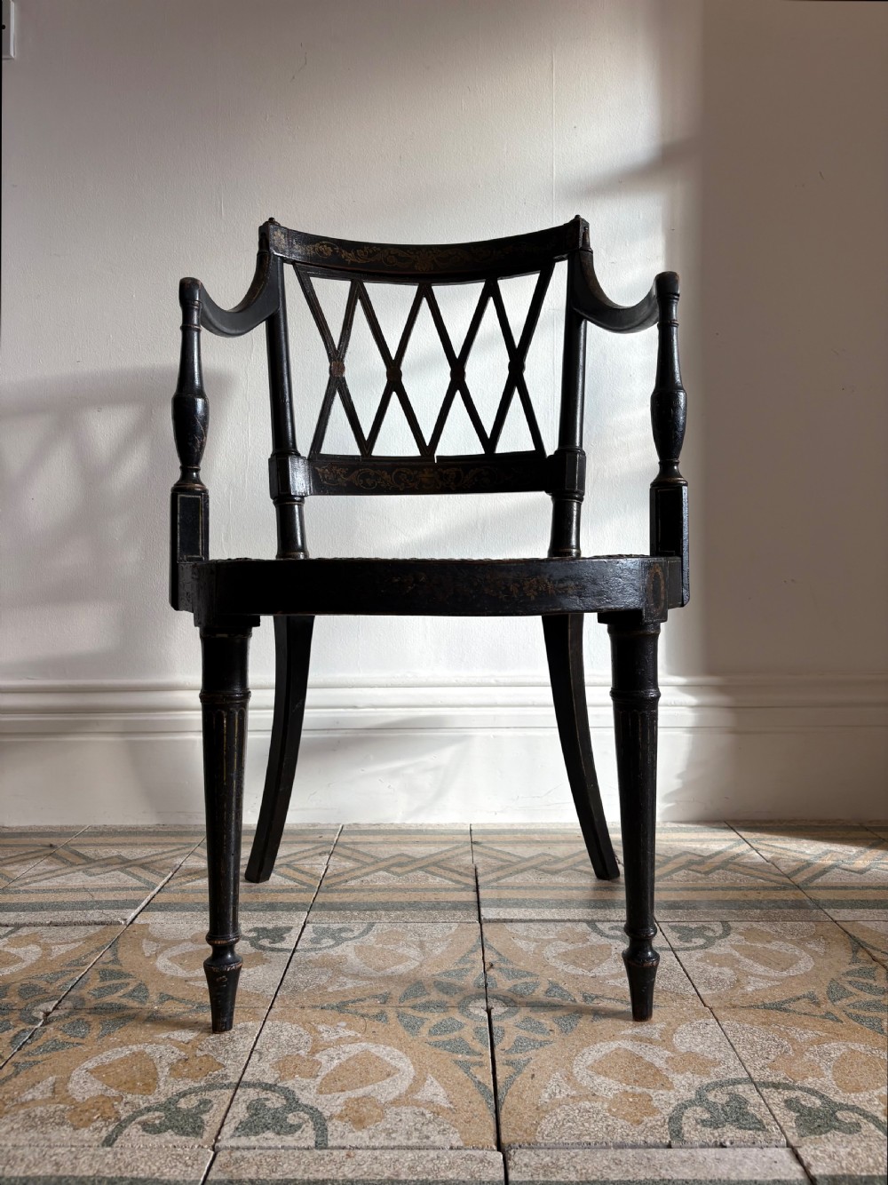 Ebonised and Gilt Painted Regency Open Arm Elbow Chair, Cane Seat C1820, manner John Gee View IX