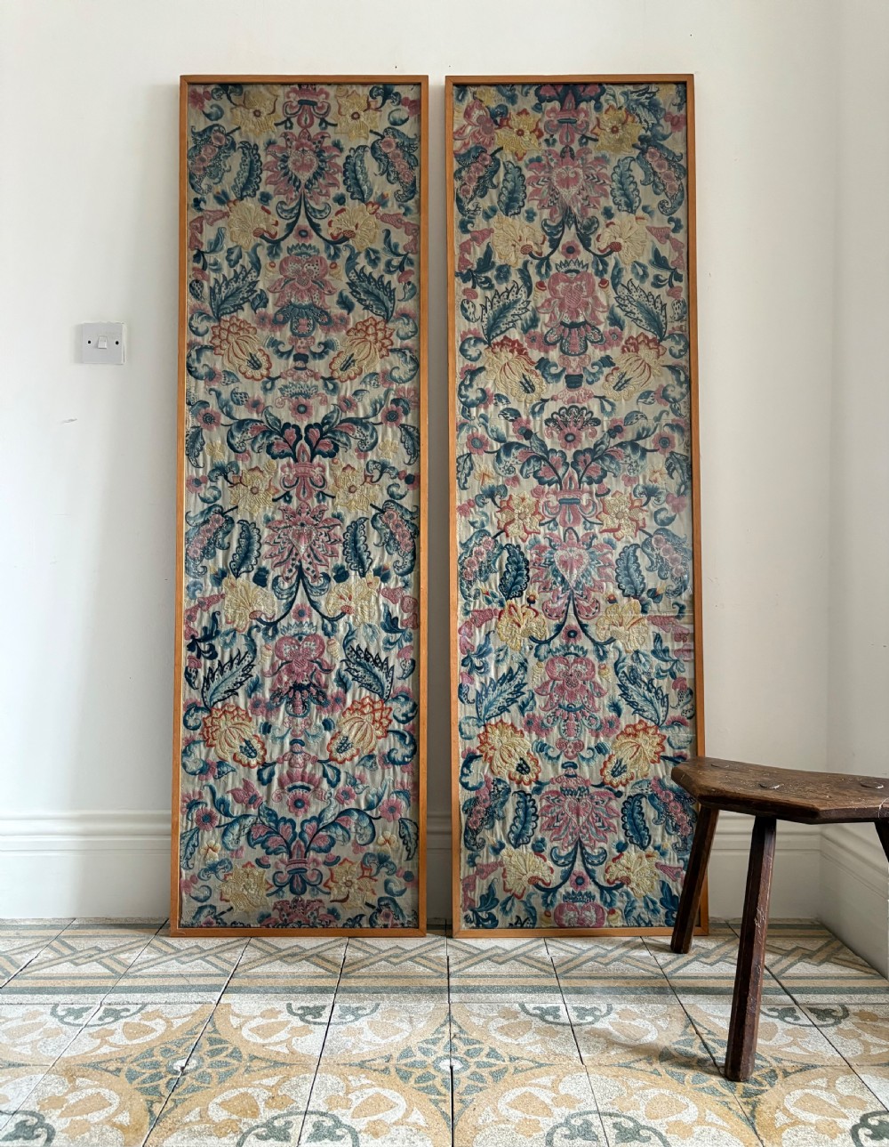 A Pair of French 19th Century Hand Embroidered Crewel Work Framed Panels 182cm