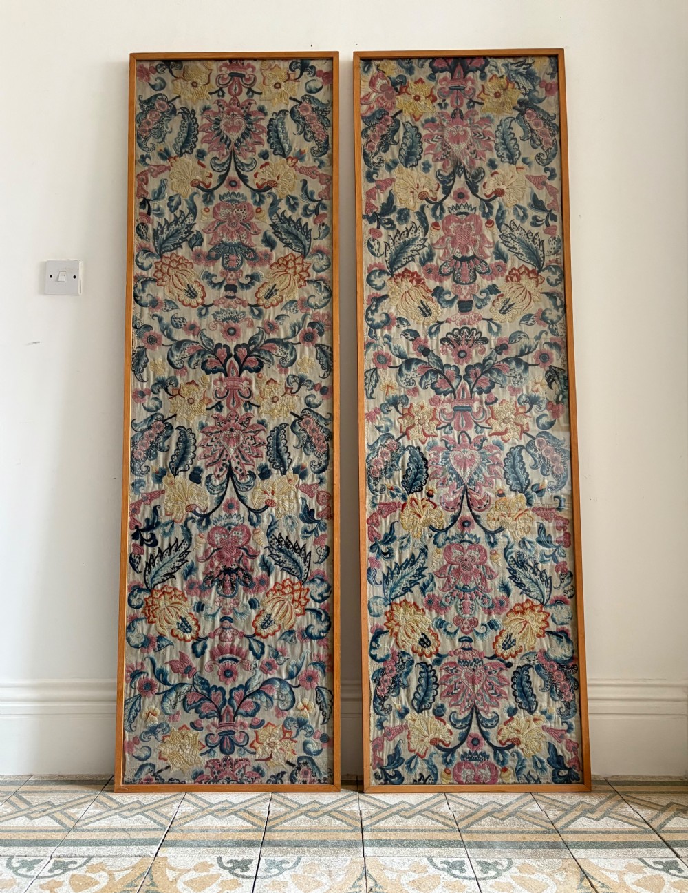 A Pair of French 19th Century Hand Embroidered Crewel Work Framed Panels 182cm View III