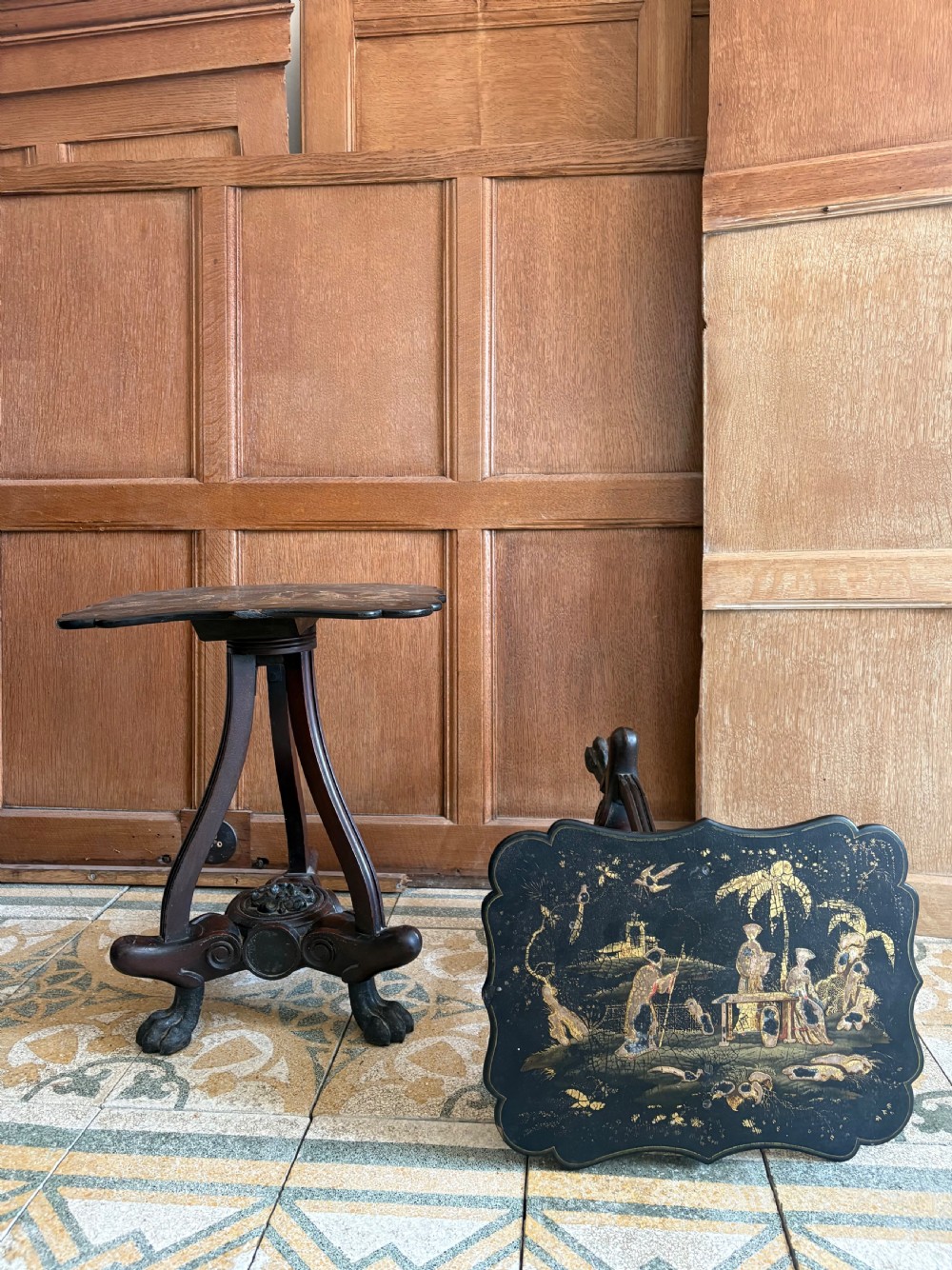 Pair of 19thC Chinoiserie Tables, Hongmu Bases and Iron Paw Feet, Anglo Chinese View XVII