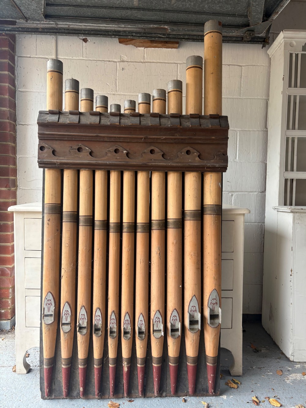 Pair of 19thC Church Organ Architectural Panels, Hand Made Simulated Pipes 187cm View VIII