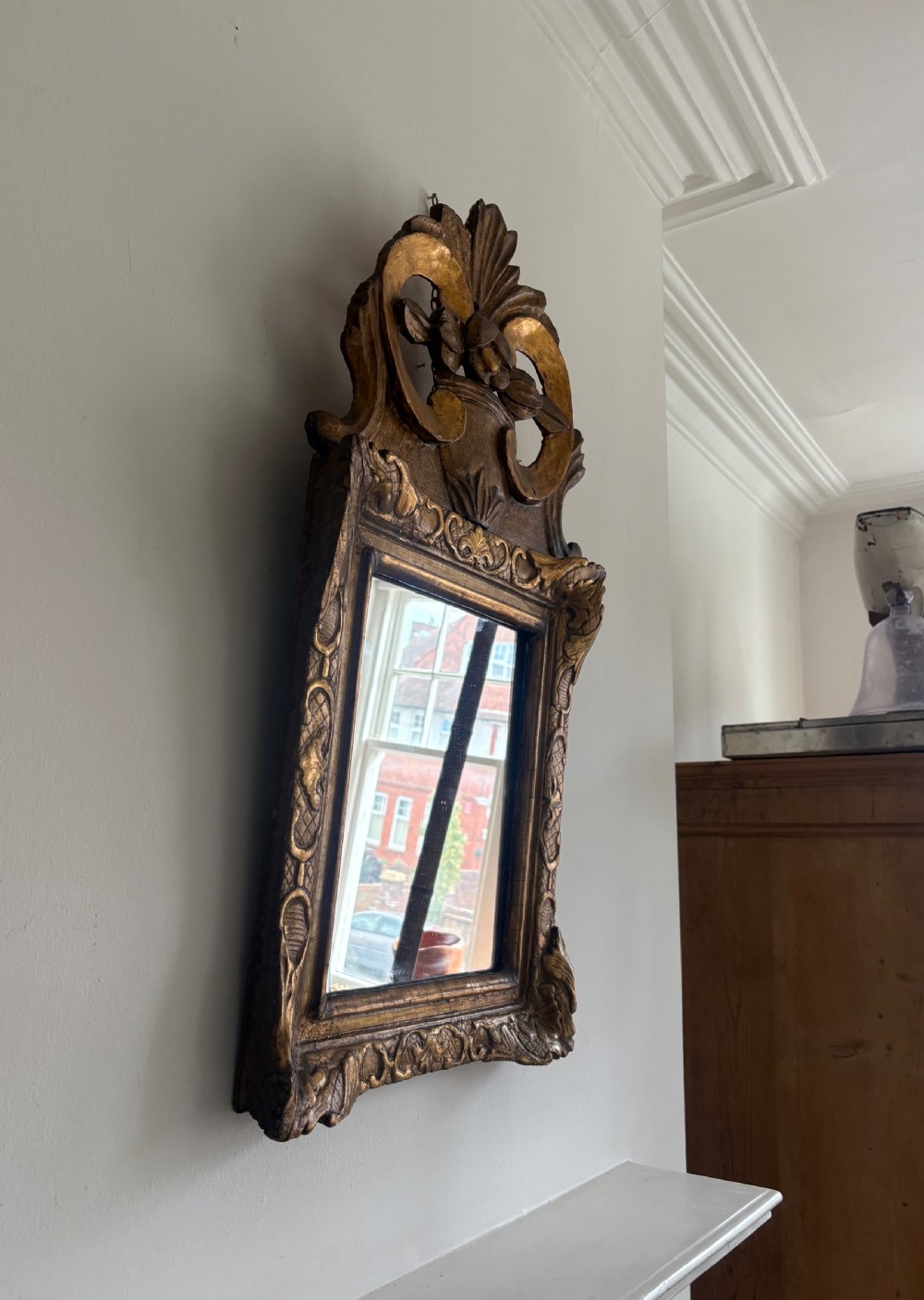 A French 19th Century Giltwood Ornate Pediment Mirror, 80cm with Later Plate View VI