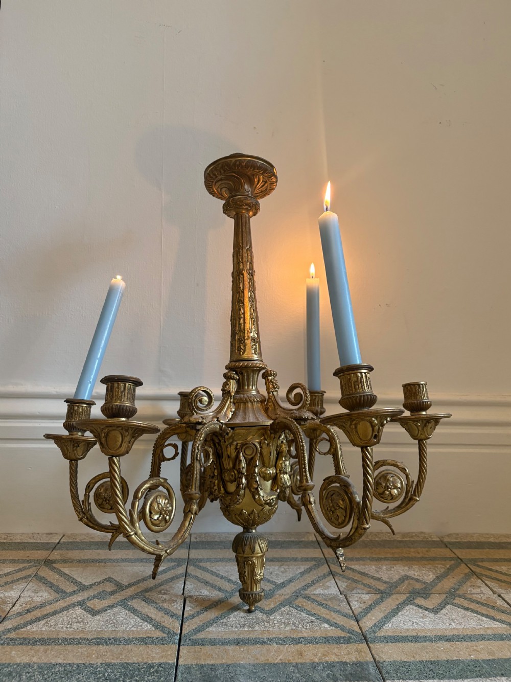 French 19th Century Gilt Bronze 6 Branch Chandelier 60cm tall electric or candle