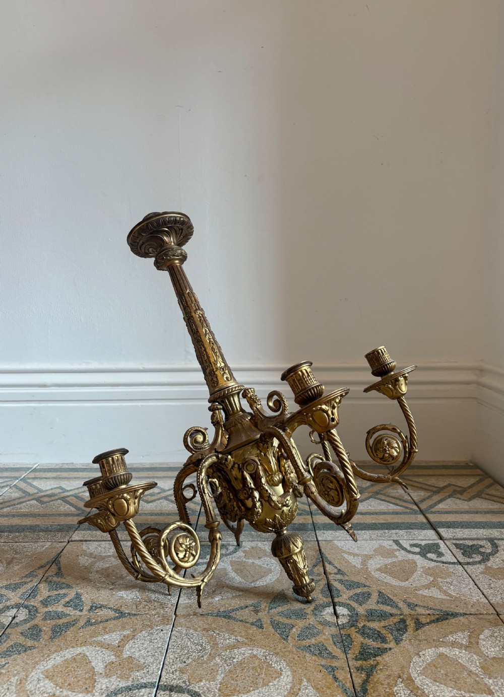 French 19th Century Gilt Bronze 6 Branch Chandelier 60cm tall electric or candle View III