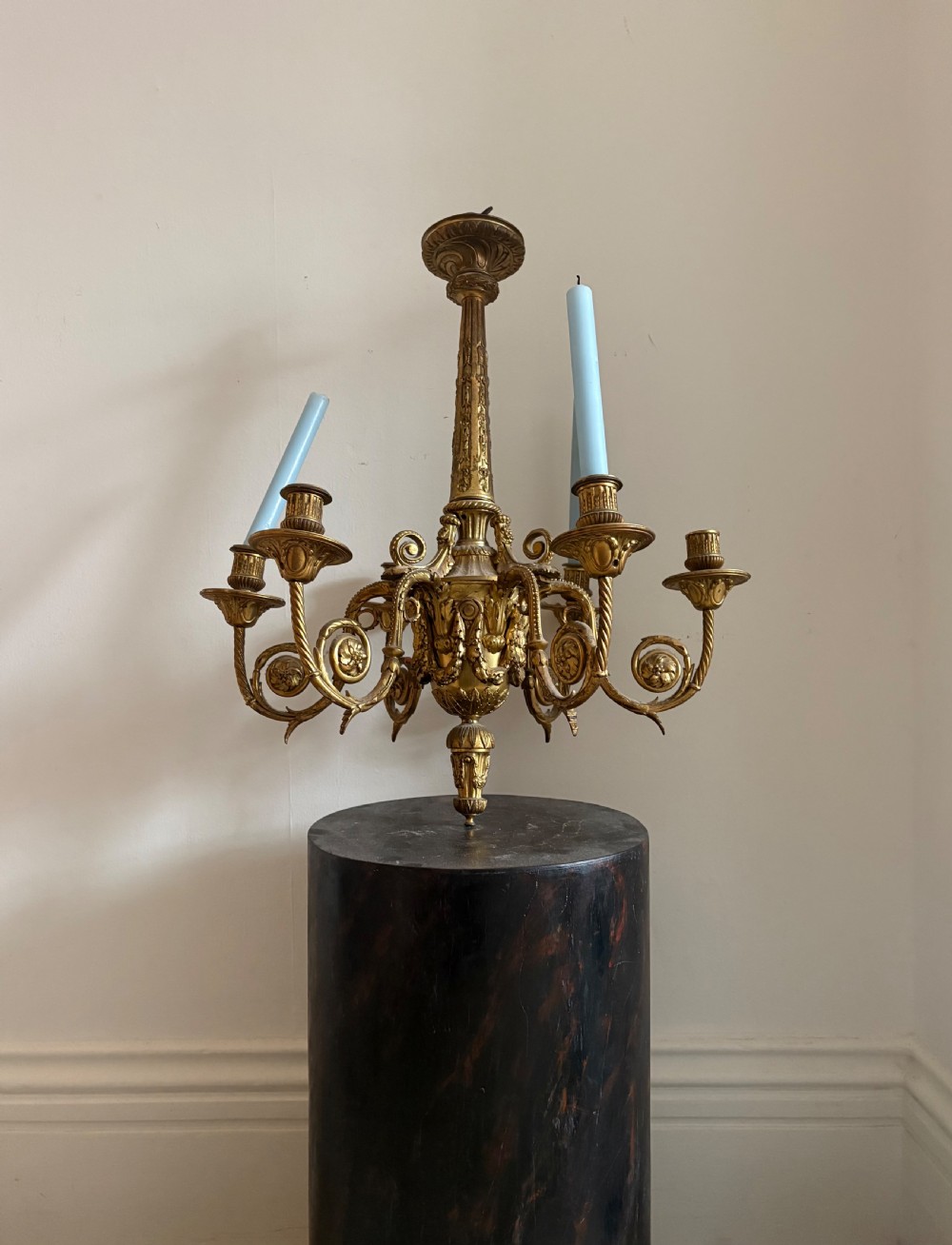 French 19th Century Gilt Bronze 6 Branch Chandelier 60cm tall electric or candle View VII