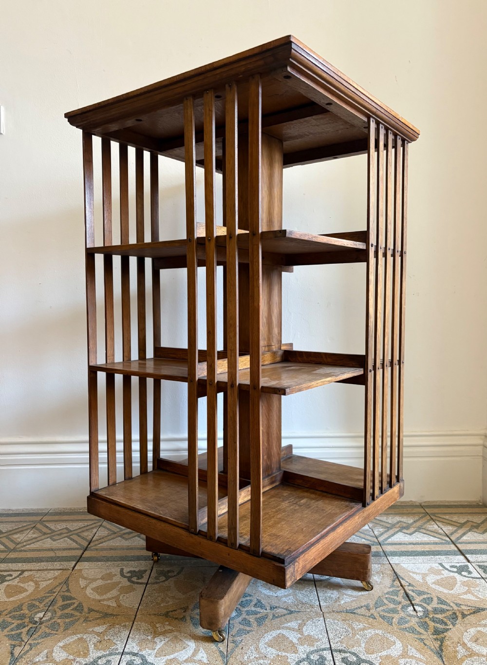 English Oak Revolving Bookcase C1900, 3 Tier Country House Scale 109cm
