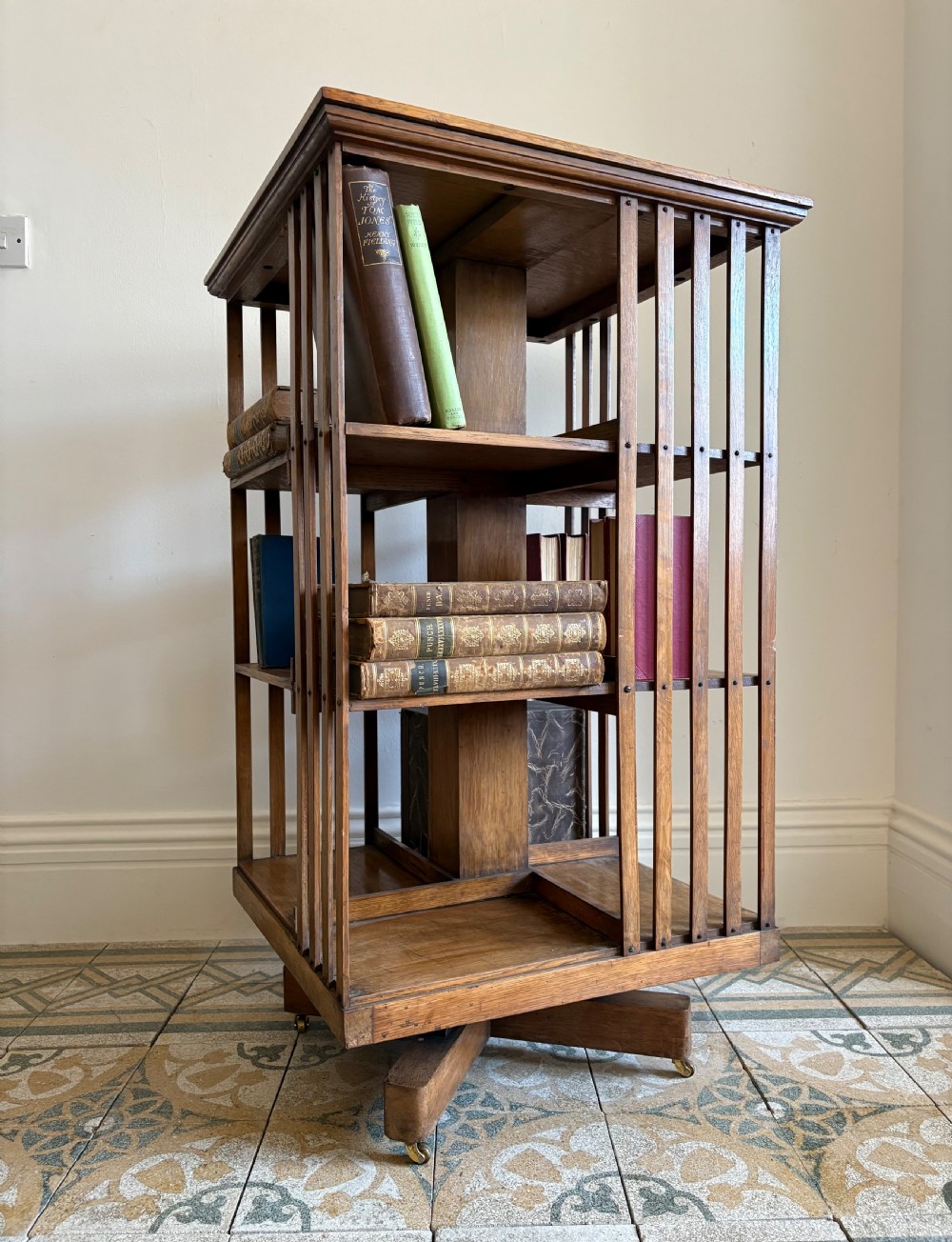 English Oak Revolving Bookcase C1900, 3 Tier Country House Scale 109cm View II