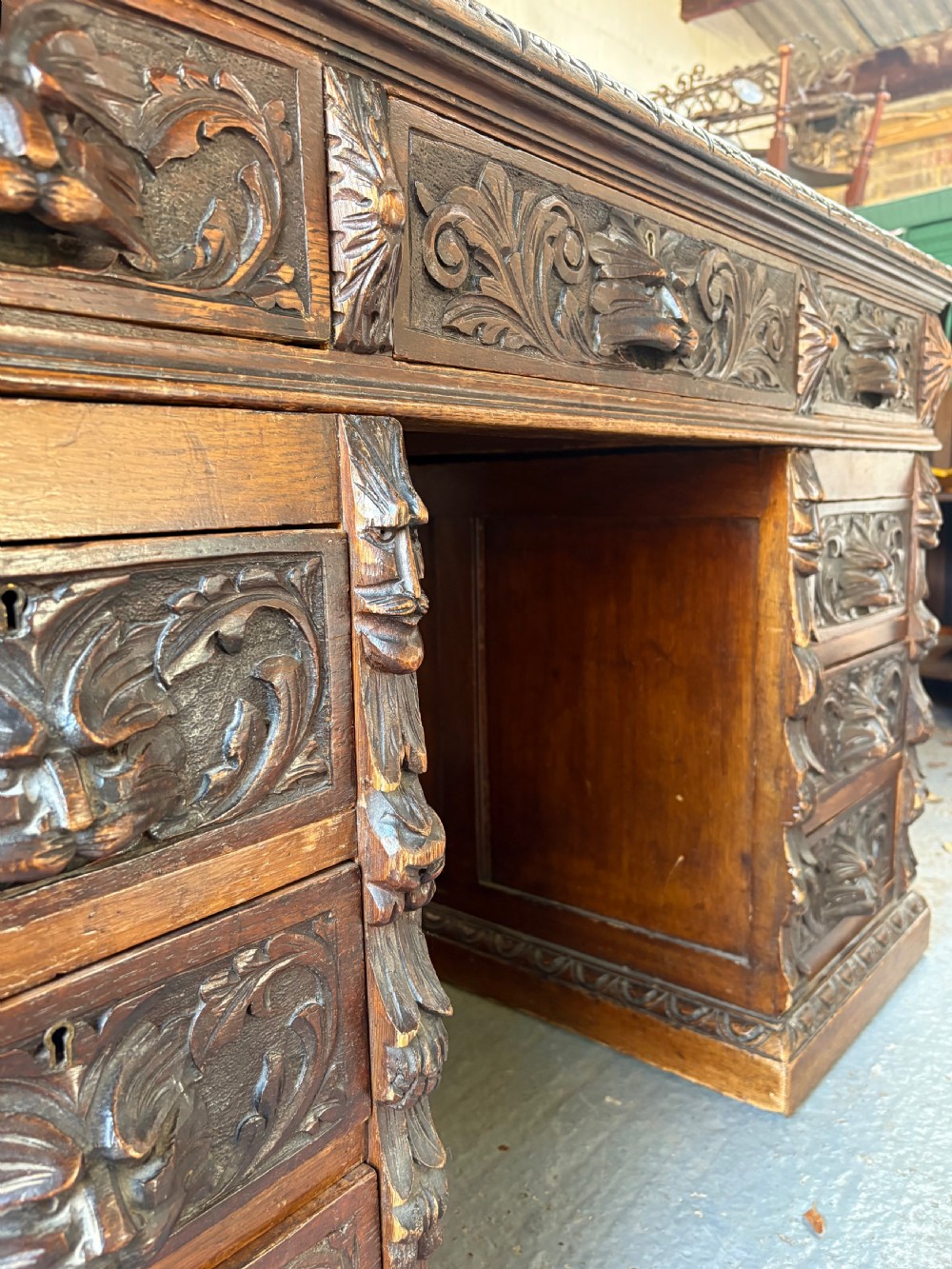 A 19th Century Carved Oak Flemish Style, Green Man Partners Desk, 122cm C1880 View V
