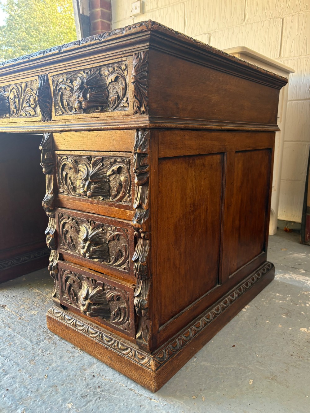 A 19th Century Carved Oak Flemish Style, Green Man Partners Desk, 122cm C1880 View IX