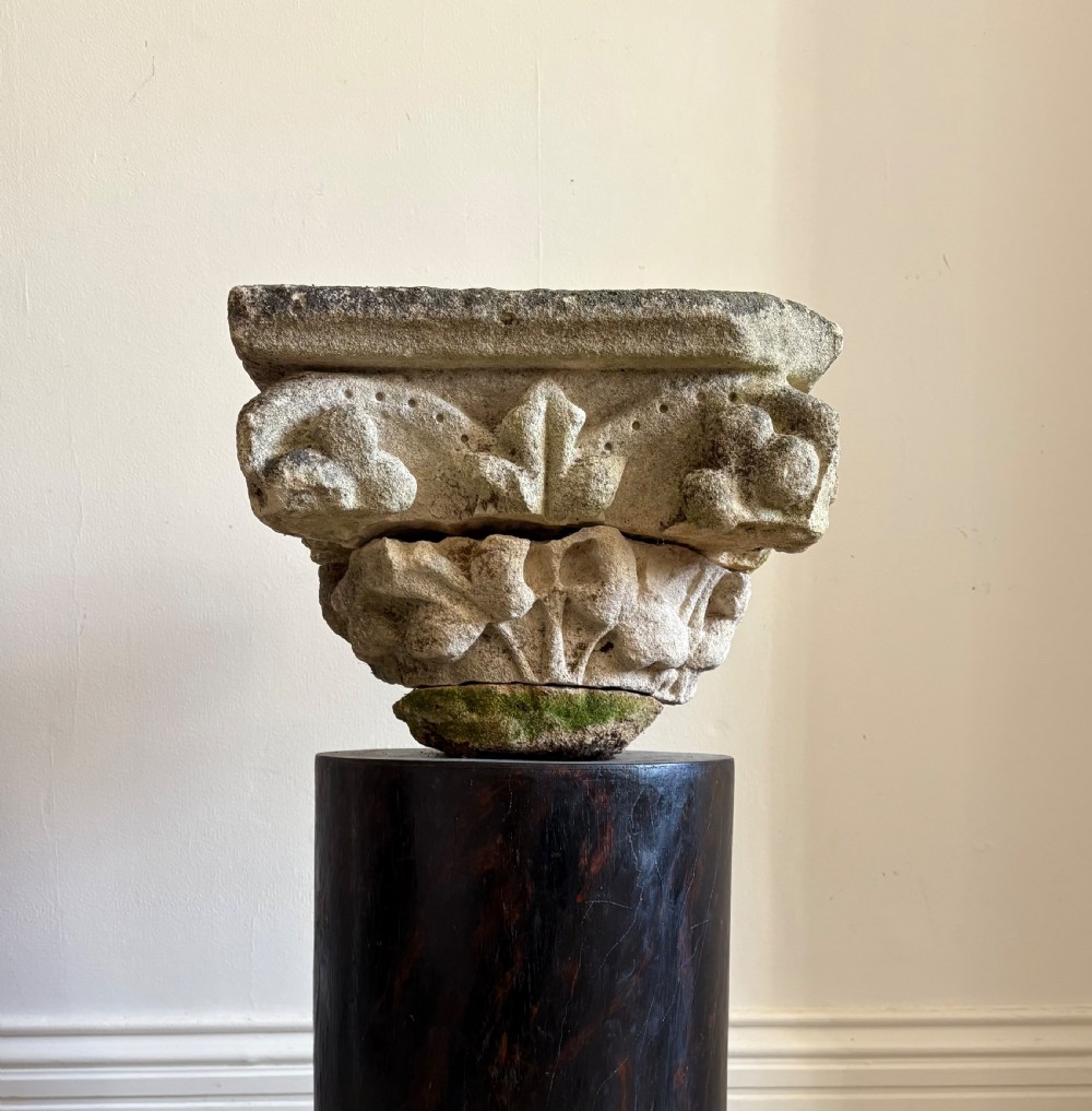 A French 17-18thC Carved Limestone Architectural Capital, 39cm sq, Fleur de Lis