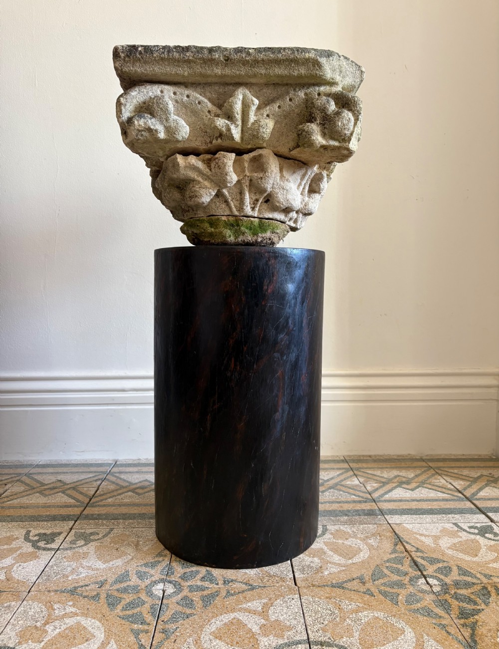 A French 17-18thC Carved Limestone Architectural Capital, 39cm sq, Fleur de Lis View II