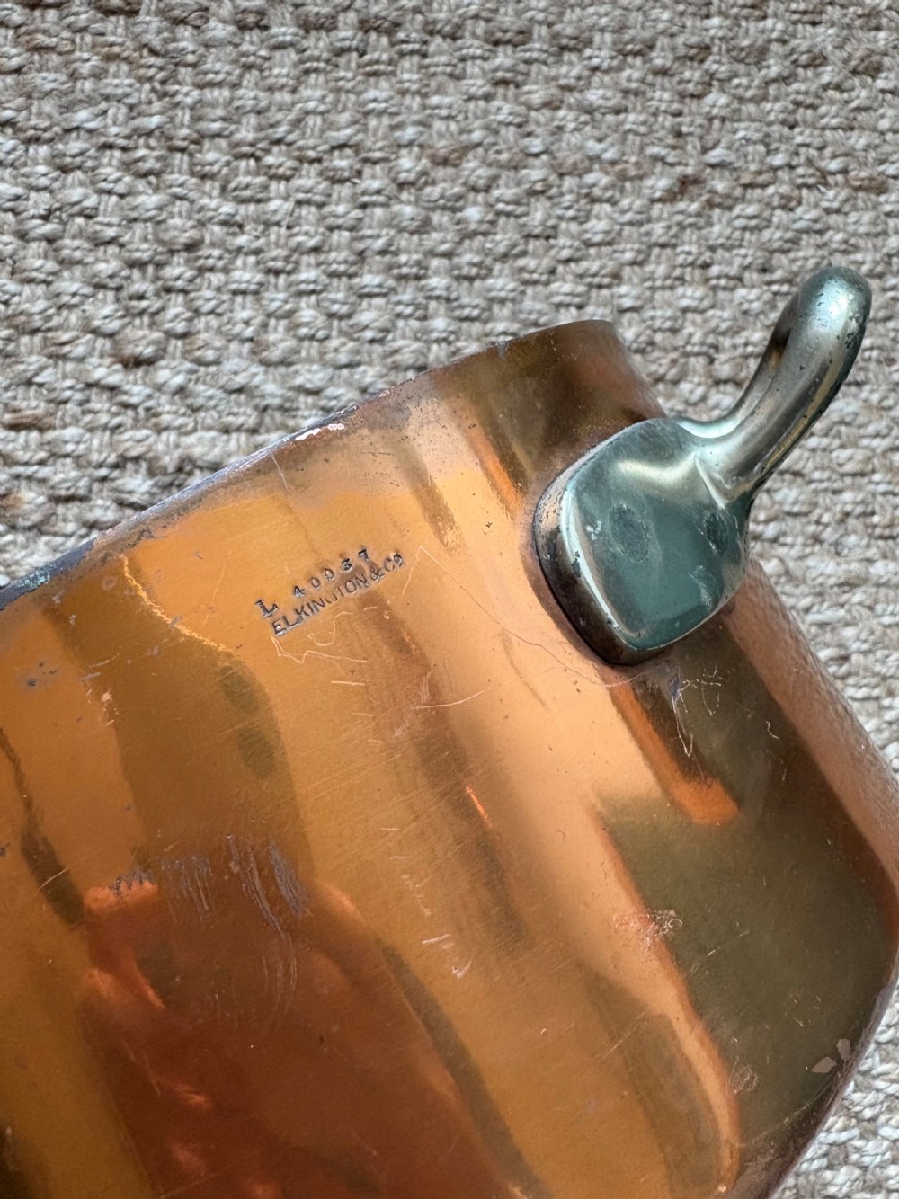 A Large Elkington and Co Copper Pan, Nickel Handles C1900, 26cm diameter  View V