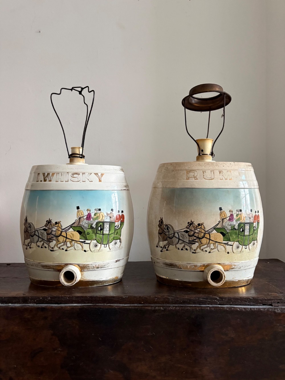 A Pair of Large 19th Century Staffordshire Spirit Barrel Lamps, Coaching Scenes View II