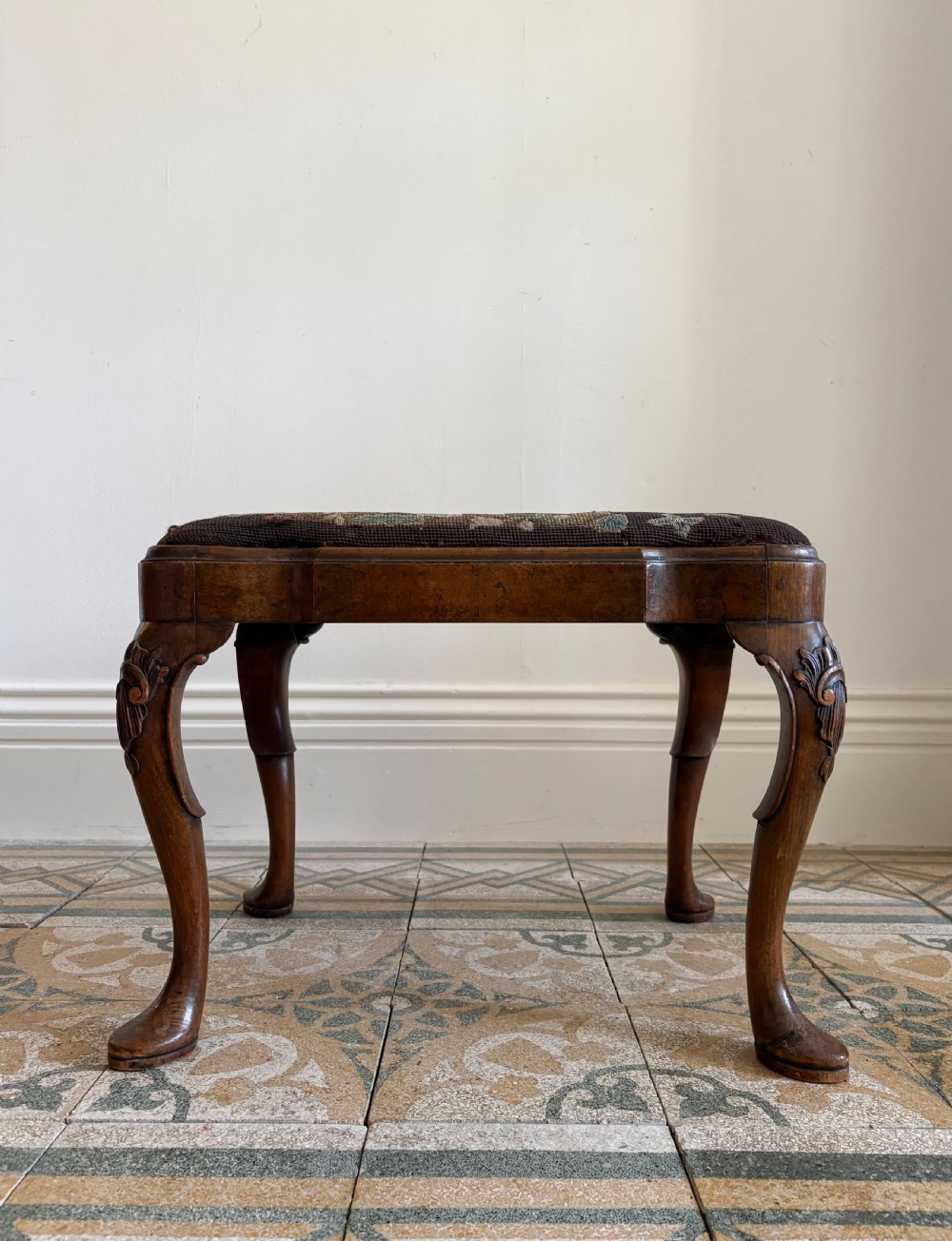 A 19thC Queen Anne Style Walnut Dressing or Footstool, with Tapestry Seat and Cabriole Legs