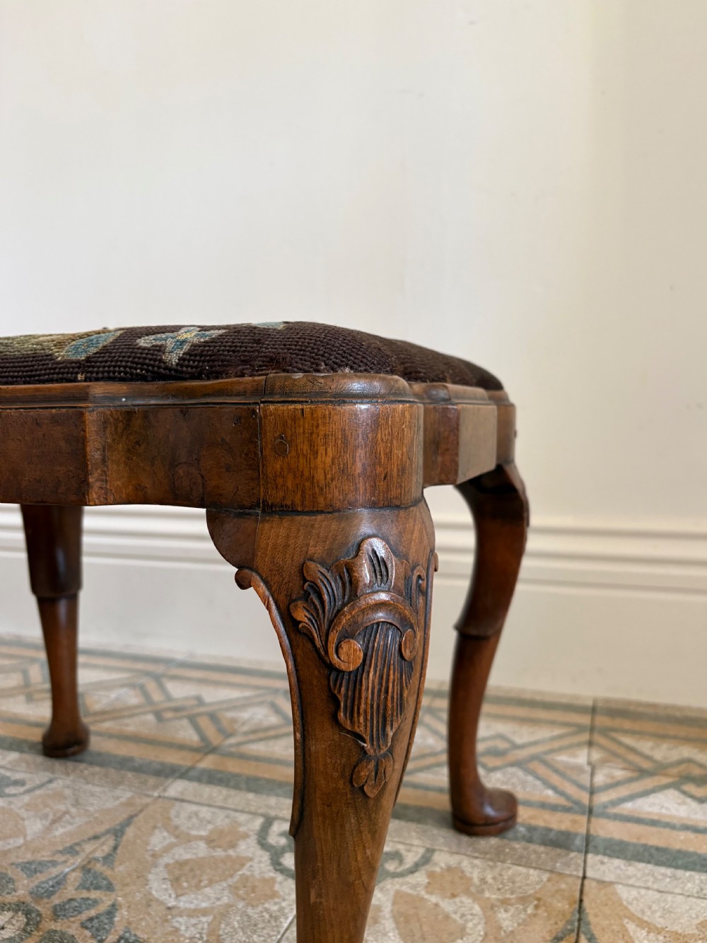 A 19thC Queen Anne Style Walnut Dressing or Footstool, with Tapestry Seat and Cabriole Legs View III