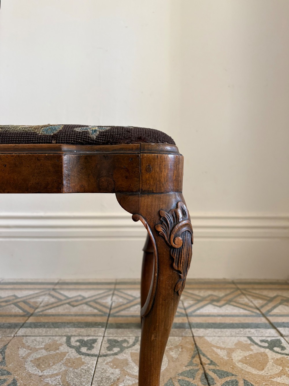 A 19thC Queen Anne Style Walnut Dressing or Footstool, with Tapestry Seat and Cabriole Legs View IV