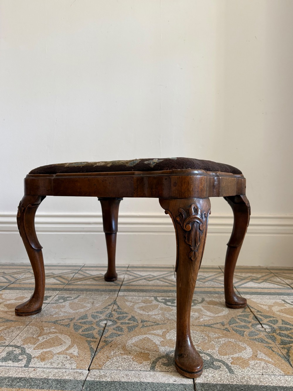 A 19thC Queen Anne Style Walnut Dressing or Footstool, with Tapestry Seat and Cabriole Legs View V
