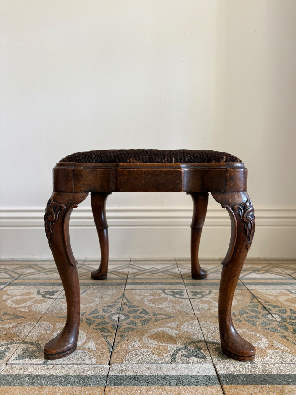 A 19thC Queen Anne Style Walnut Dressing or Footstool, with Tapestry Seat and Cabriole Legs View VII