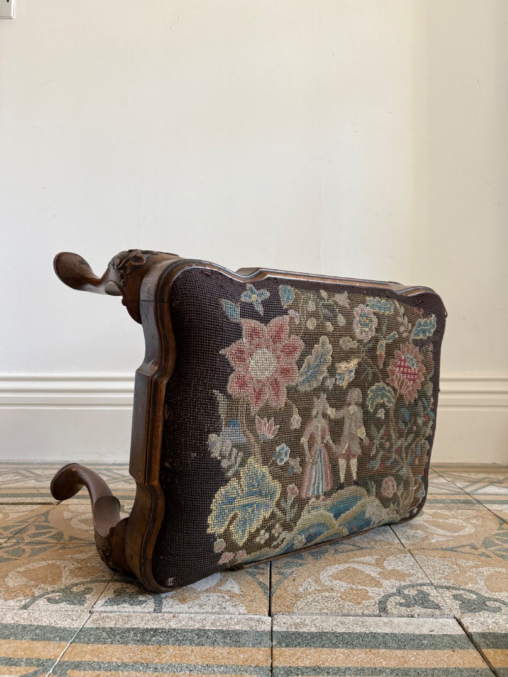 A 19thC Queen Anne Style Walnut Dressing or Footstool, with Tapestry Seat and Cabriole Legs View IX