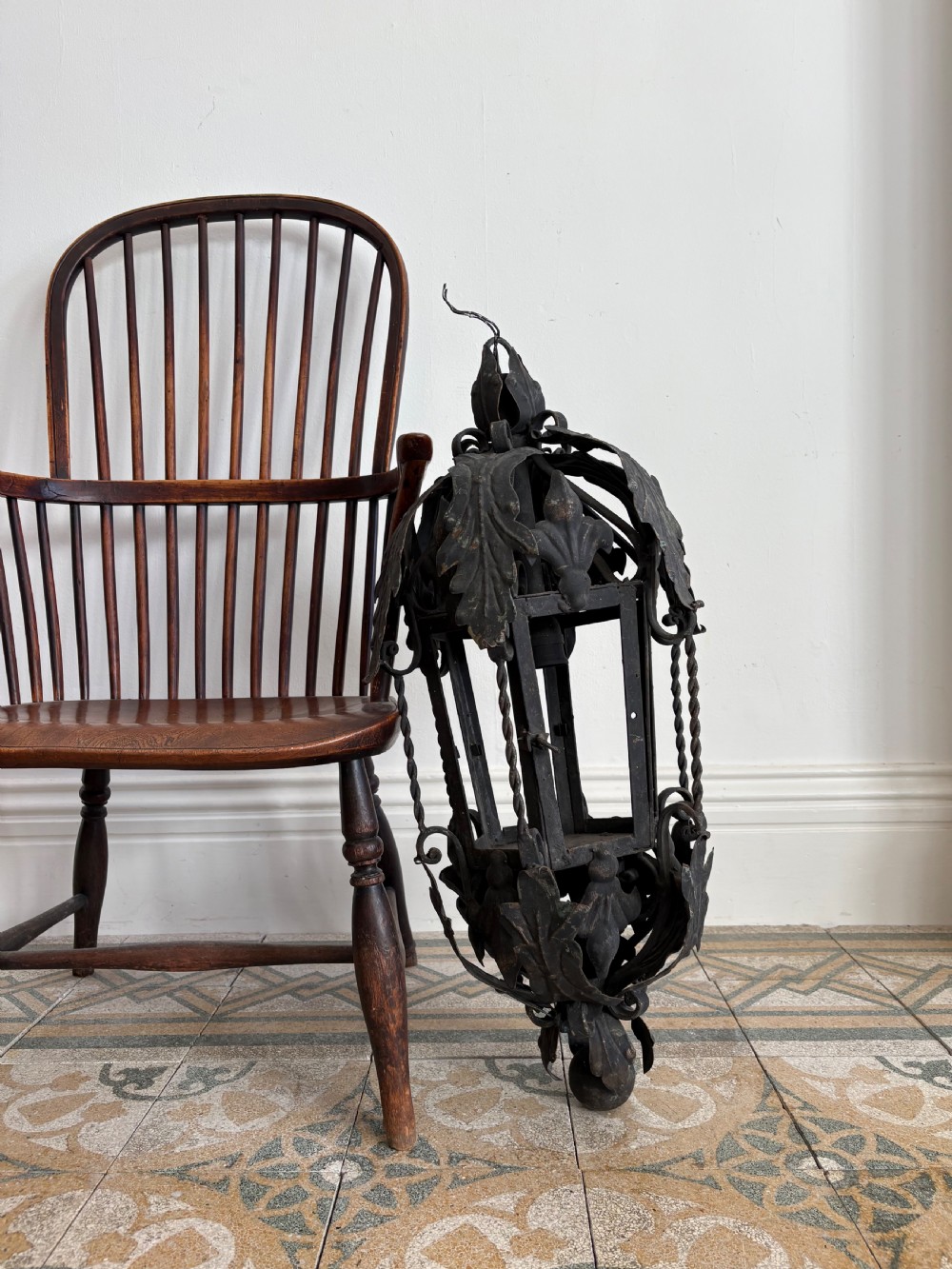 A Southern France Ornate Wrought Iron Hall Lantern, Petit Manoir C1900-1920 75cm