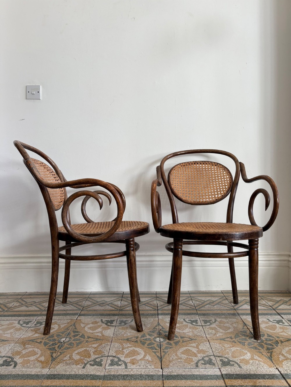 Pair 1920s Thonet No.11 Cane Seat Armchair by ZPM Rodomsko, original maker Label