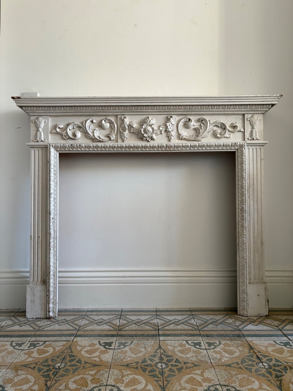 A Painted Pine Architectural Carved Fire Surround Circa 1900, 145cm Wide