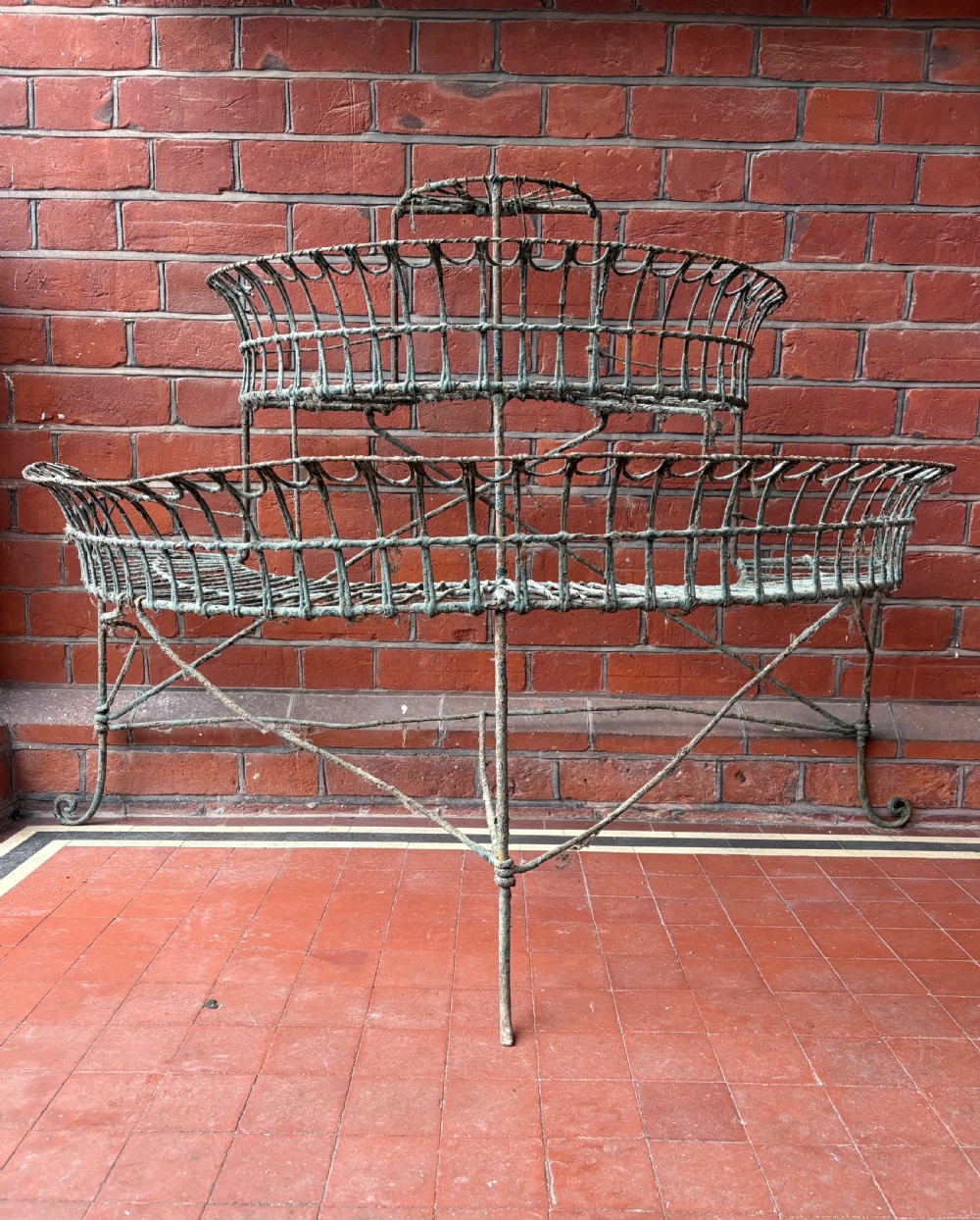 A 19thc English Wirework, 3 Tier Painted Plant Stand, Larger 120cm Wide Model