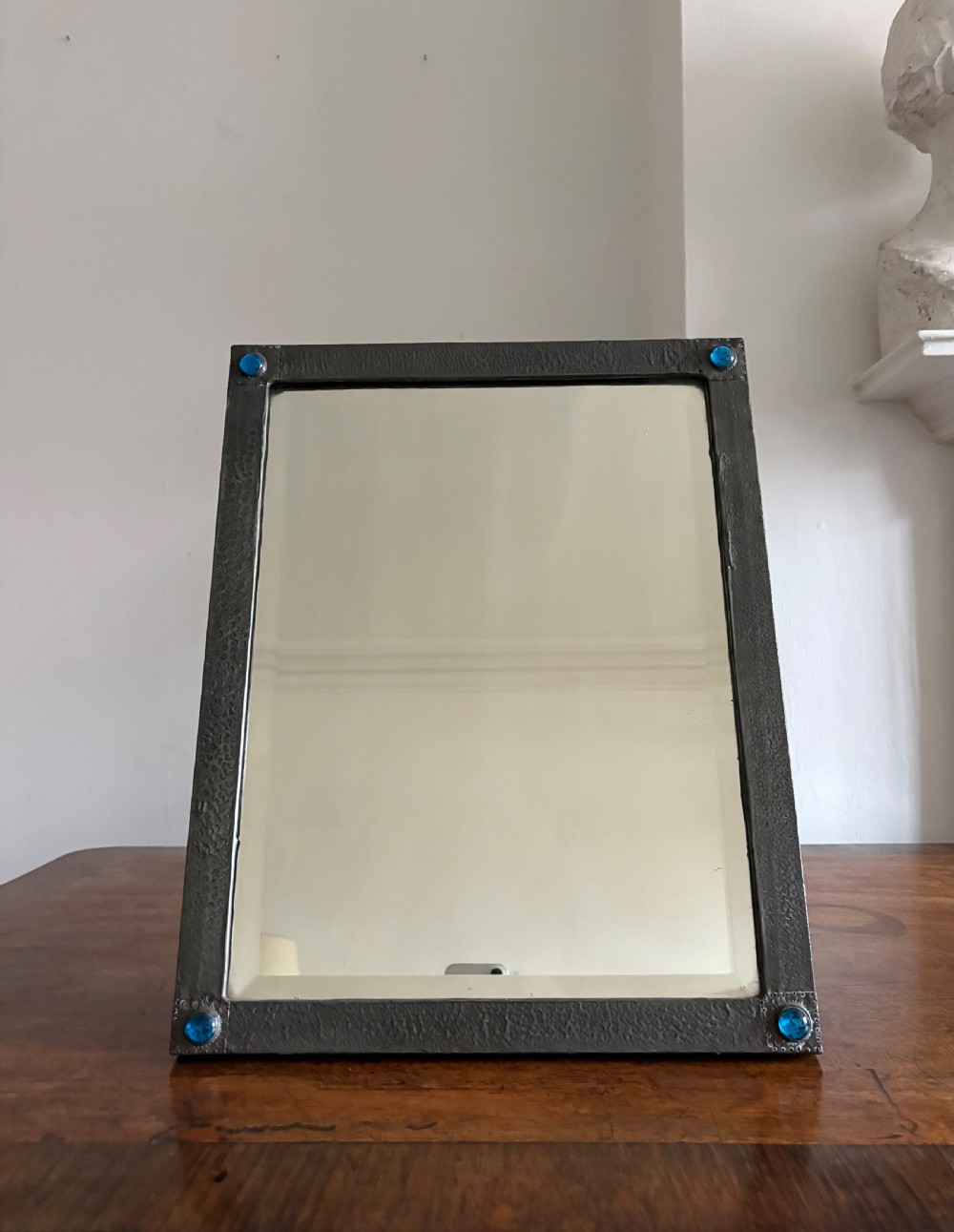 Arts and Crafts Pewter Frame Easel Mirror, Cabochon Studs, Bevelled Plate 45cm
