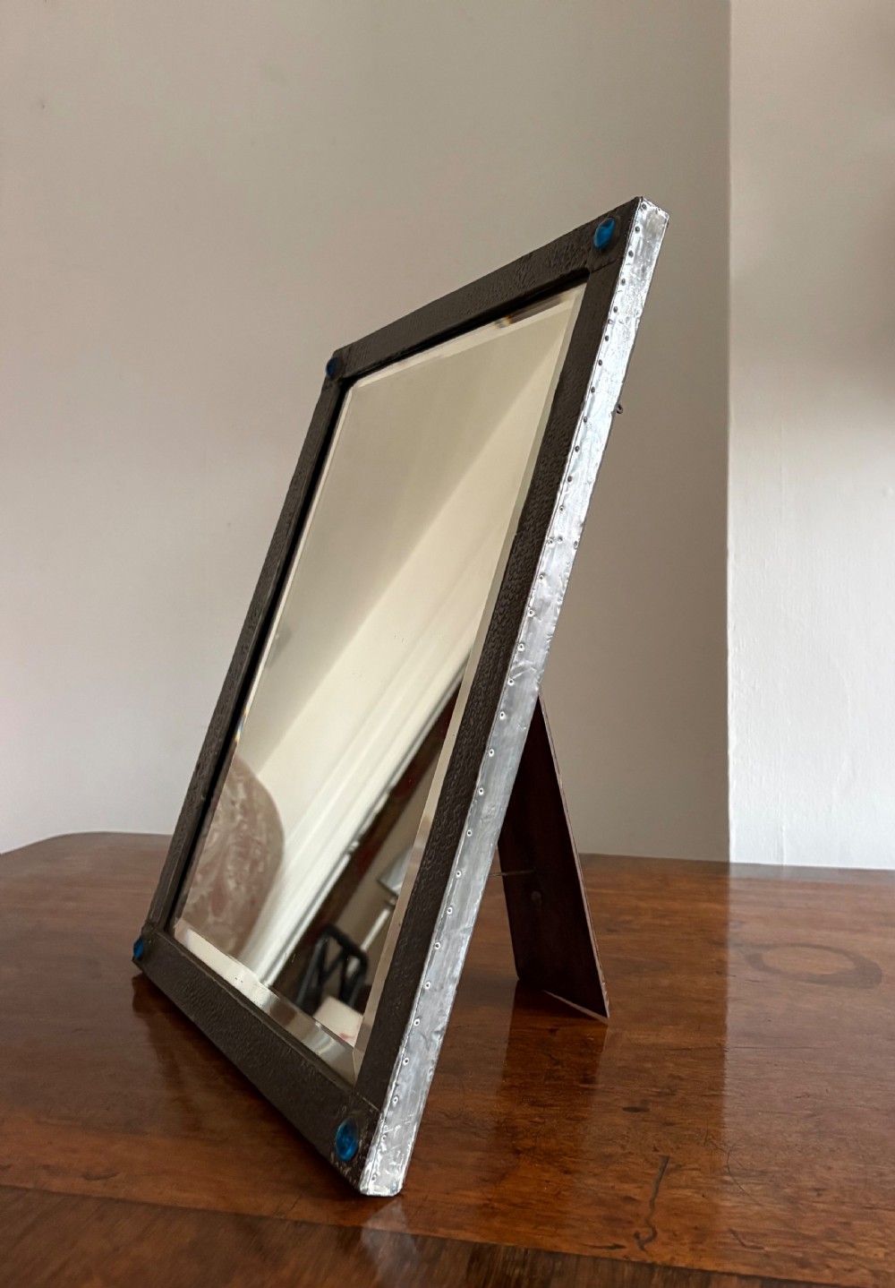 Arts and Crafts Pewter Frame Easel Mirror, Cabochon Studs, Bevelled Plate 45cm View IX