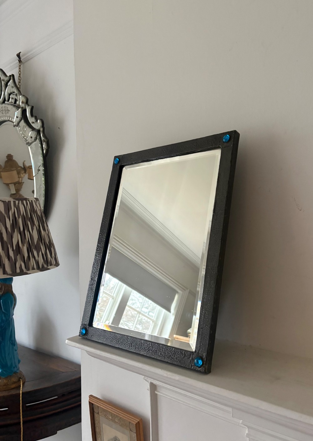 Arts and Crafts Pewter Frame Easel Mirror, Cabochon Studs, Bevelled Plate 45cm View XI