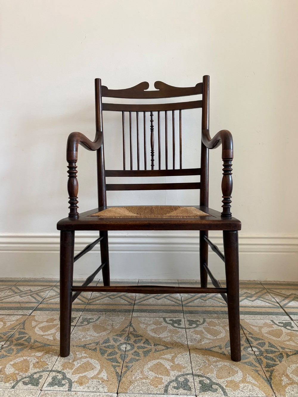 Aesthetic Movement Mahogany Open Arm Chair C1900 Rush Seat, style of E W Godwin View II