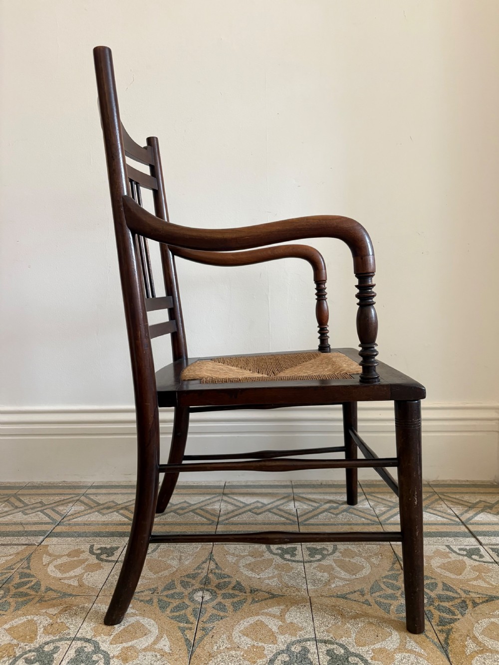 Aesthetic Movement Mahogany Open Arm Chair C1900 Rush Seat, style of E W Godwin View III