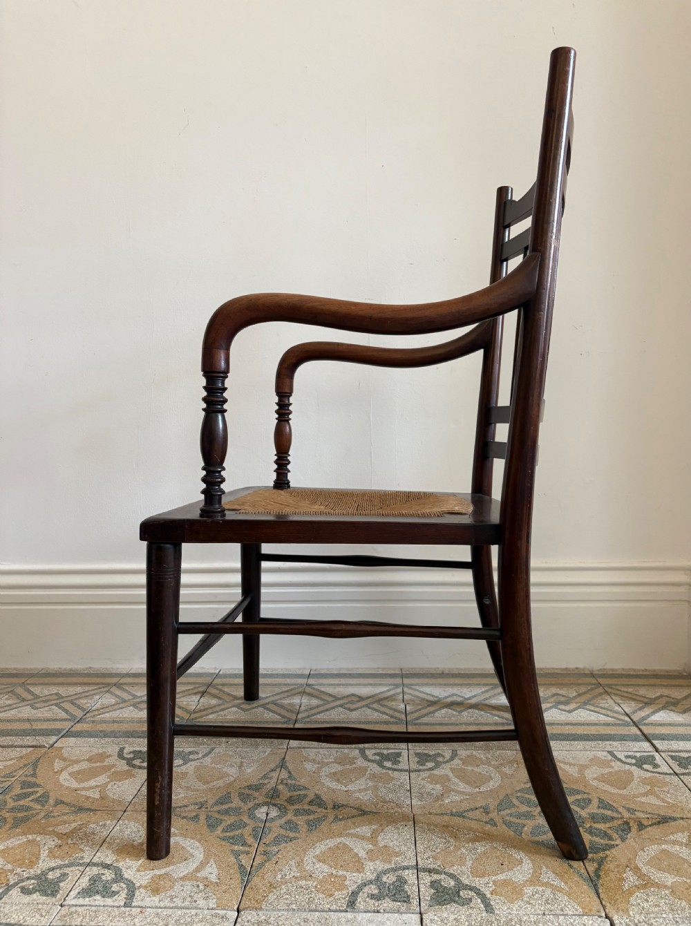 Aesthetic Movement Mahogany Open Arm Chair C1900 Rush Seat, style of E W Godwin View IV