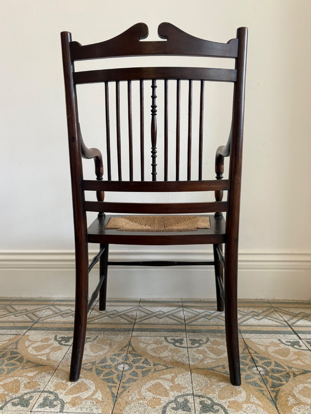 Aesthetic Movement Mahogany Open Arm Chair C1900 Rush Seat, style of E W Godwin View V