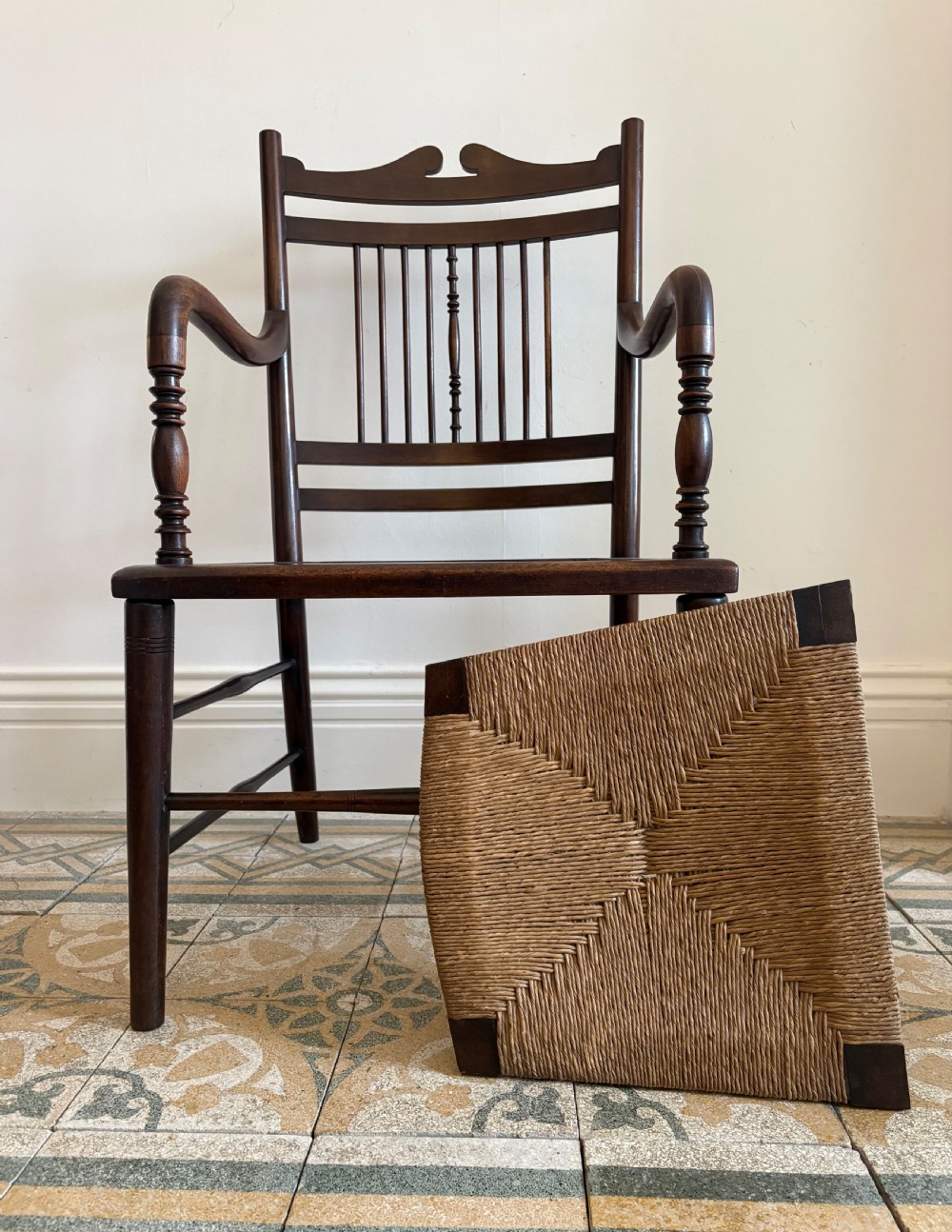 Aesthetic Movement Mahogany Open Arm Chair C1900 Rush Seat, style of E W Godwin View VI