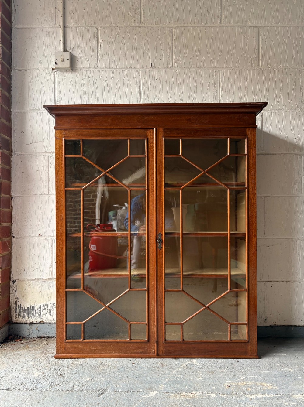 Wall Mounted Astral Glaze Mahogany Bookcase Cabinet, Linen Lined 100cm wide, C1900
