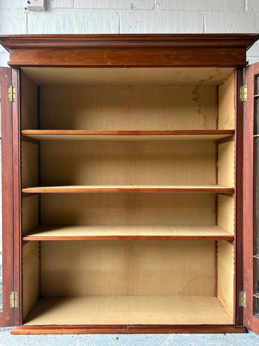 Wall Mounted Astral Glaze Mahogany Bookcase Cabinet, Linen Lined 100cm wide, C1900 View II