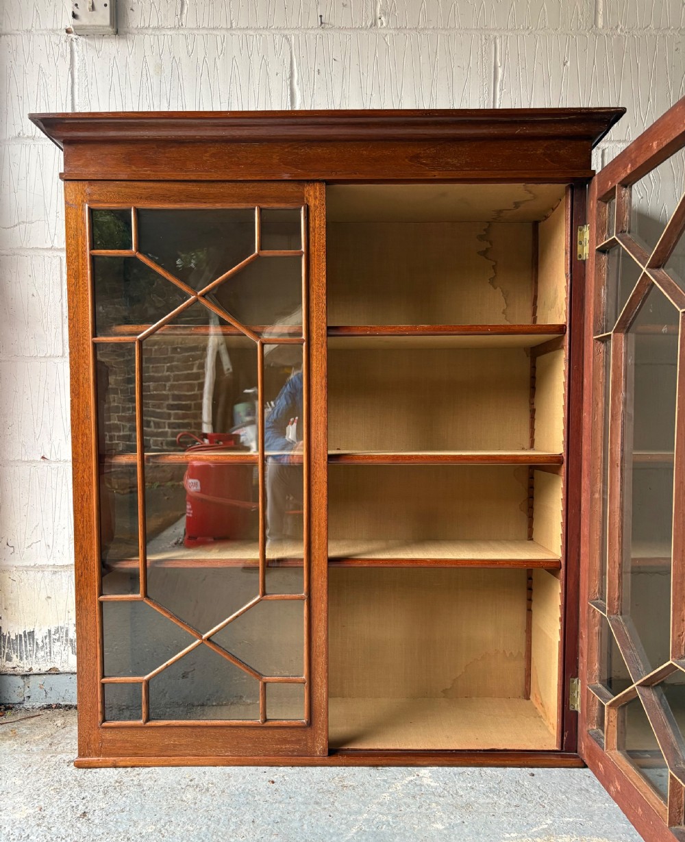 Wall Mounted Astral Glaze Mahogany Bookcase Cabinet, Linen Lined 100cm wide, C1900 View III