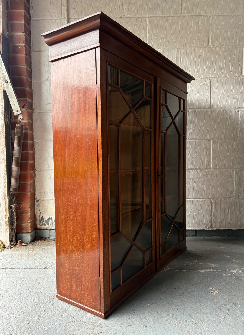 Wall Mounted Astral Glaze Mahogany Bookcase Cabinet, Linen Lined 100cm wide, C1900 View VI