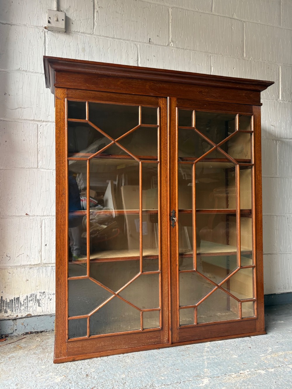Wall Mounted Astral Glaze Mahogany Bookcase Cabinet, Linen Lined 100cm wide, C1900 View X