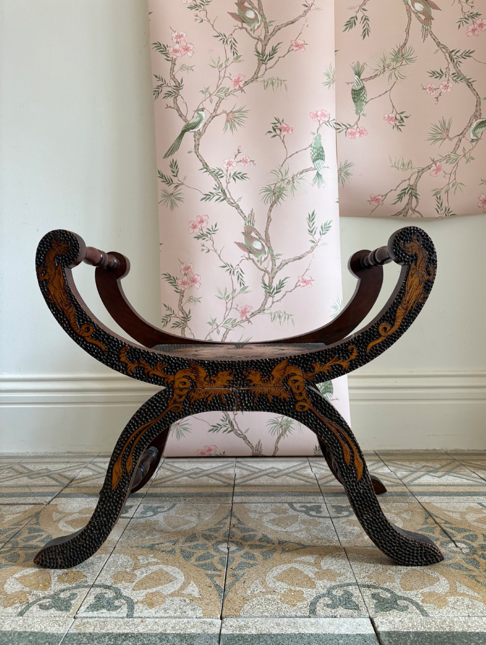 Early 20thC Poker Work X Frame Stool, Poss Retailed by Liberty, 67cm