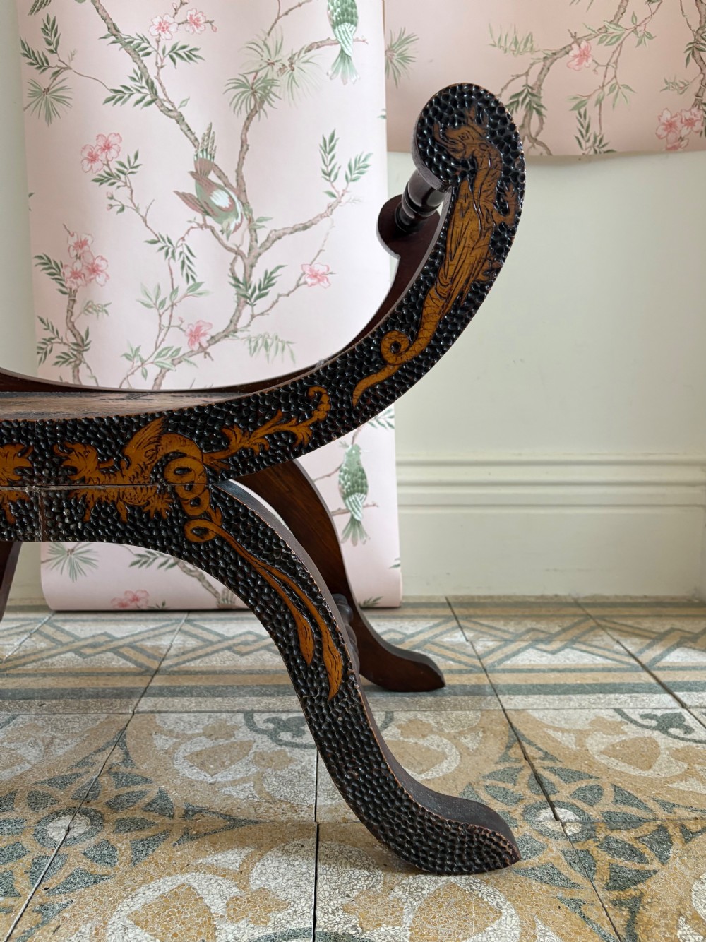 Early 20thC Poker Work X Frame Stool, Poss Retailed by Liberty, 67cm View II