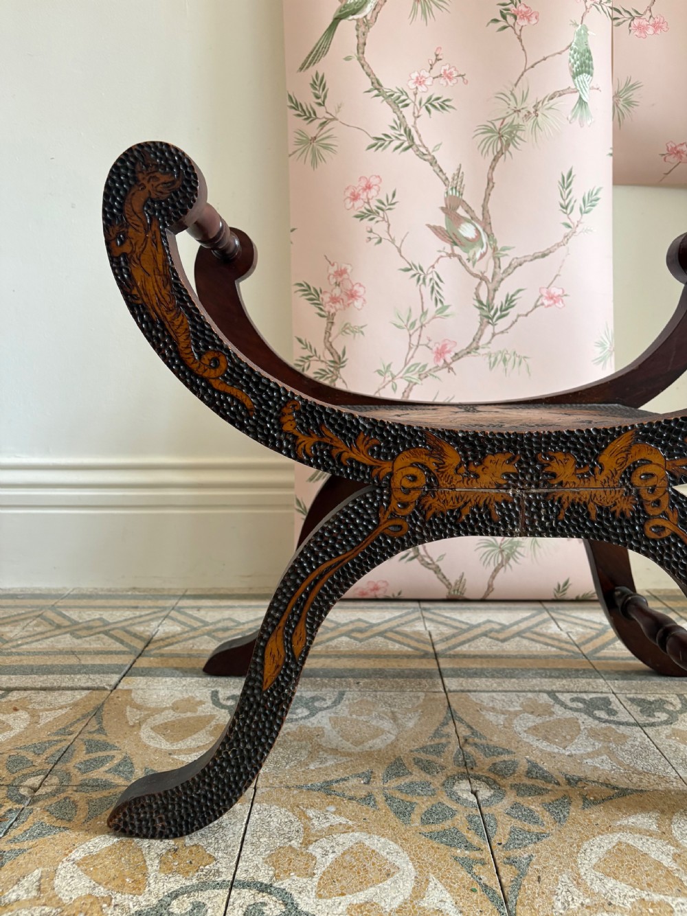 Early 20thC Poker Work X Frame Stool, Poss Retailed by Liberty, 67cm View III