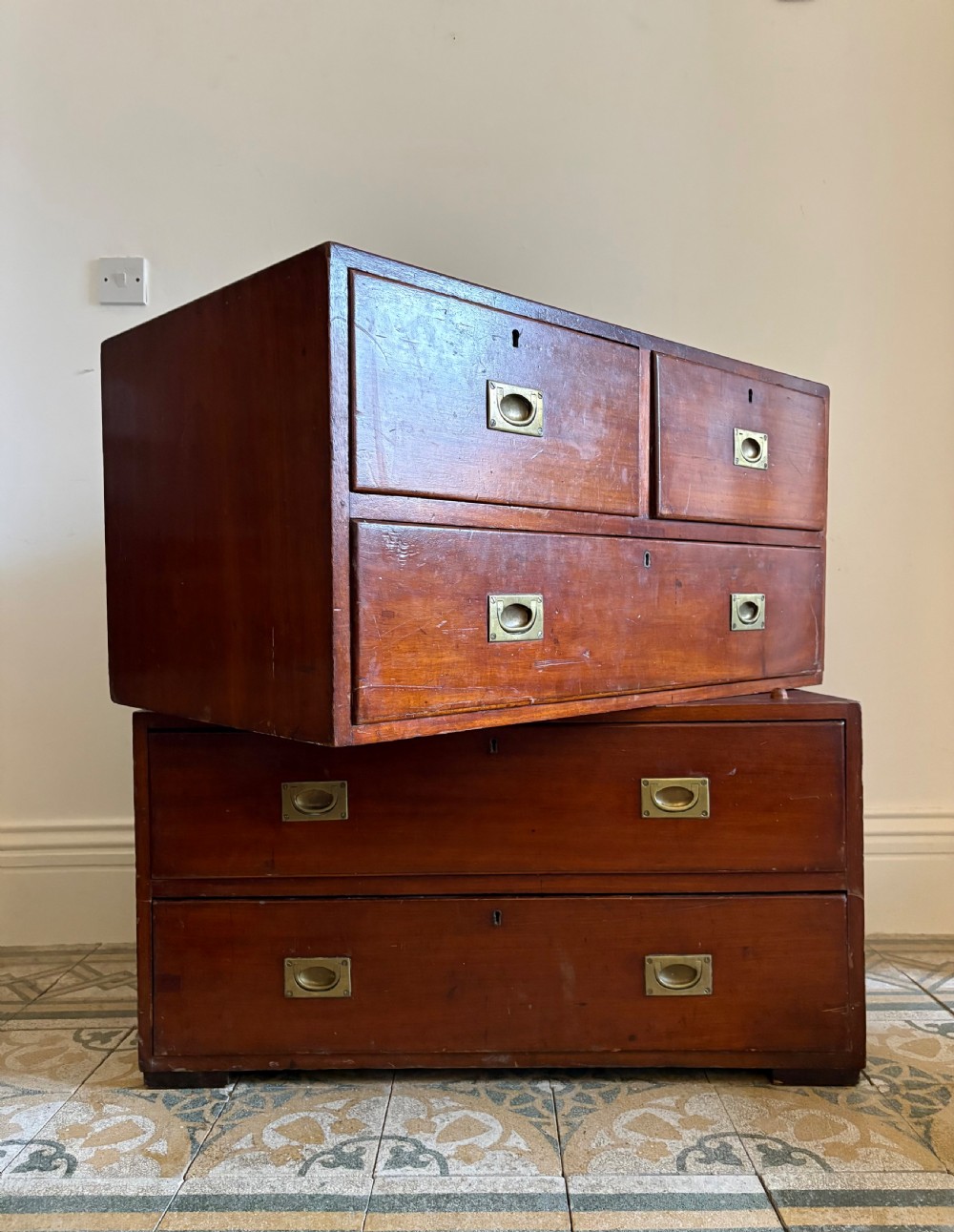 A 19th Century Teak Military Campaign Chest of Drawers, 2 Sections