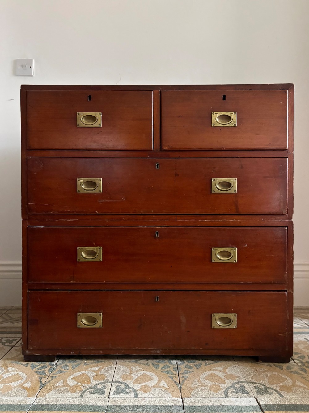 A 19th Century Teak Military Campaign Chest of Drawers, 2 Sections View II
