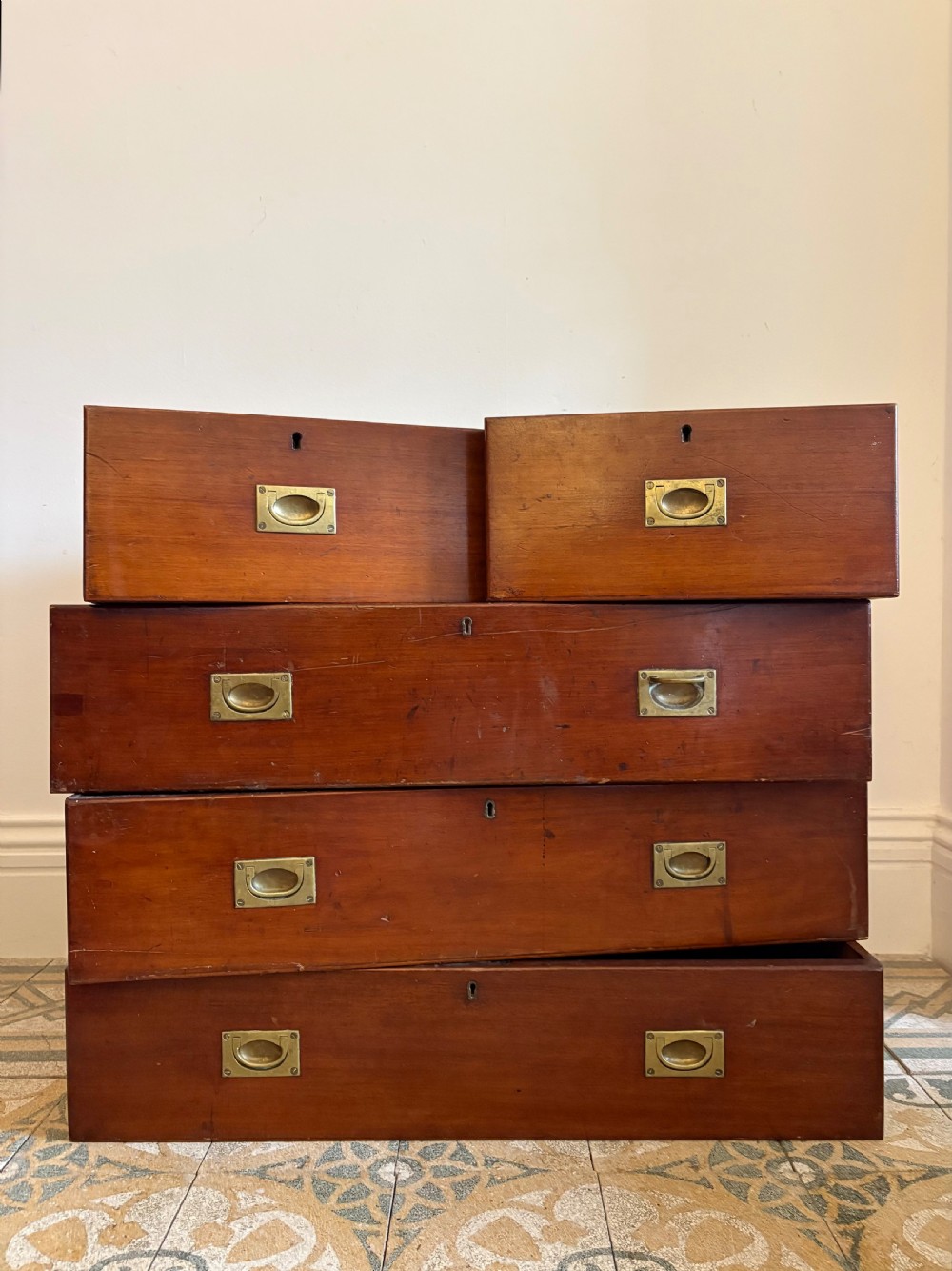 A 19th Century Teak Military Campaign Chest of Drawers, 2 Sections View VI