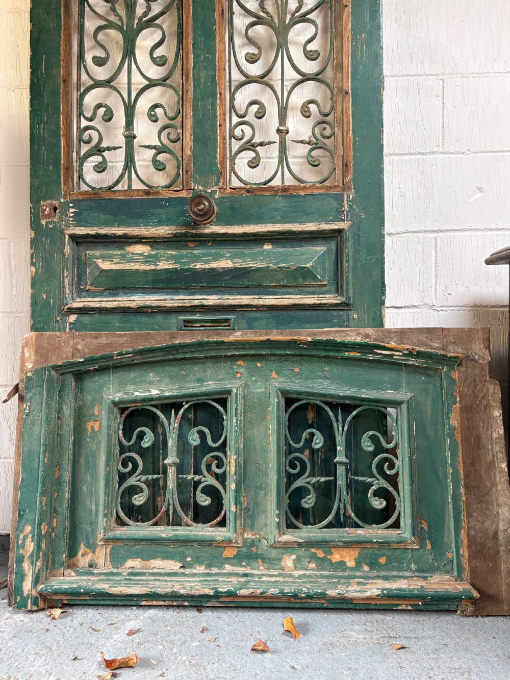 A 19thC French Oak Front Door 200cm with Matching Over-Door, Ironwork Panels View V