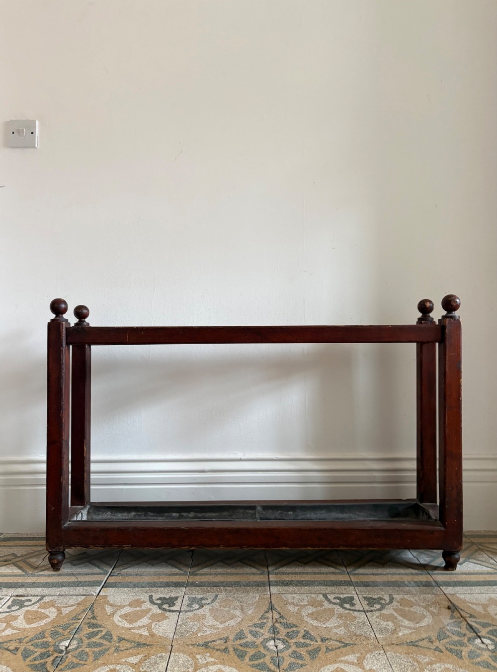 Large 19th Century English Country House Pitch Pine Stick Stand, 107cm, Zinc Tray View II