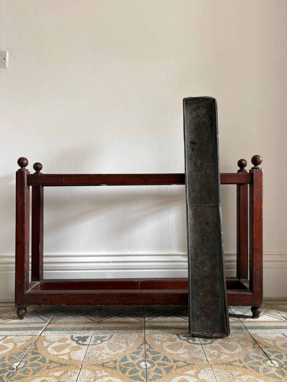 Large 19th Century English Country House Pitch Pine Stick Stand, 107cm, Zinc Tray View III
